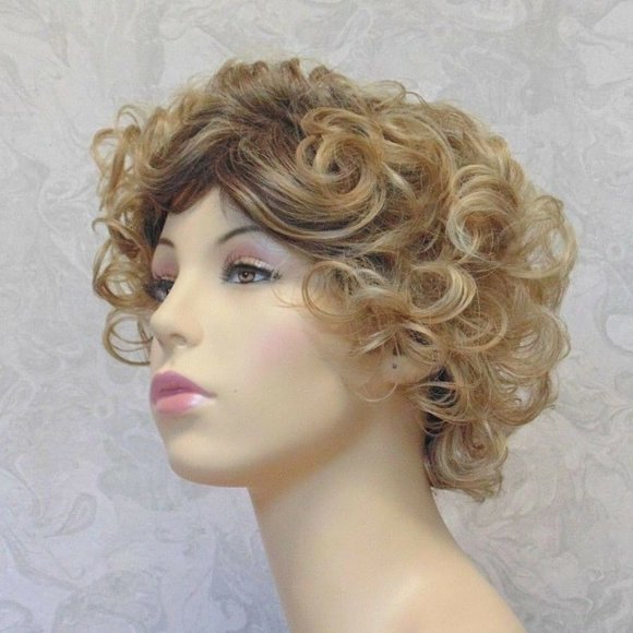 Short Curly Sandy Blonde wDark Roots Synthetic Wig